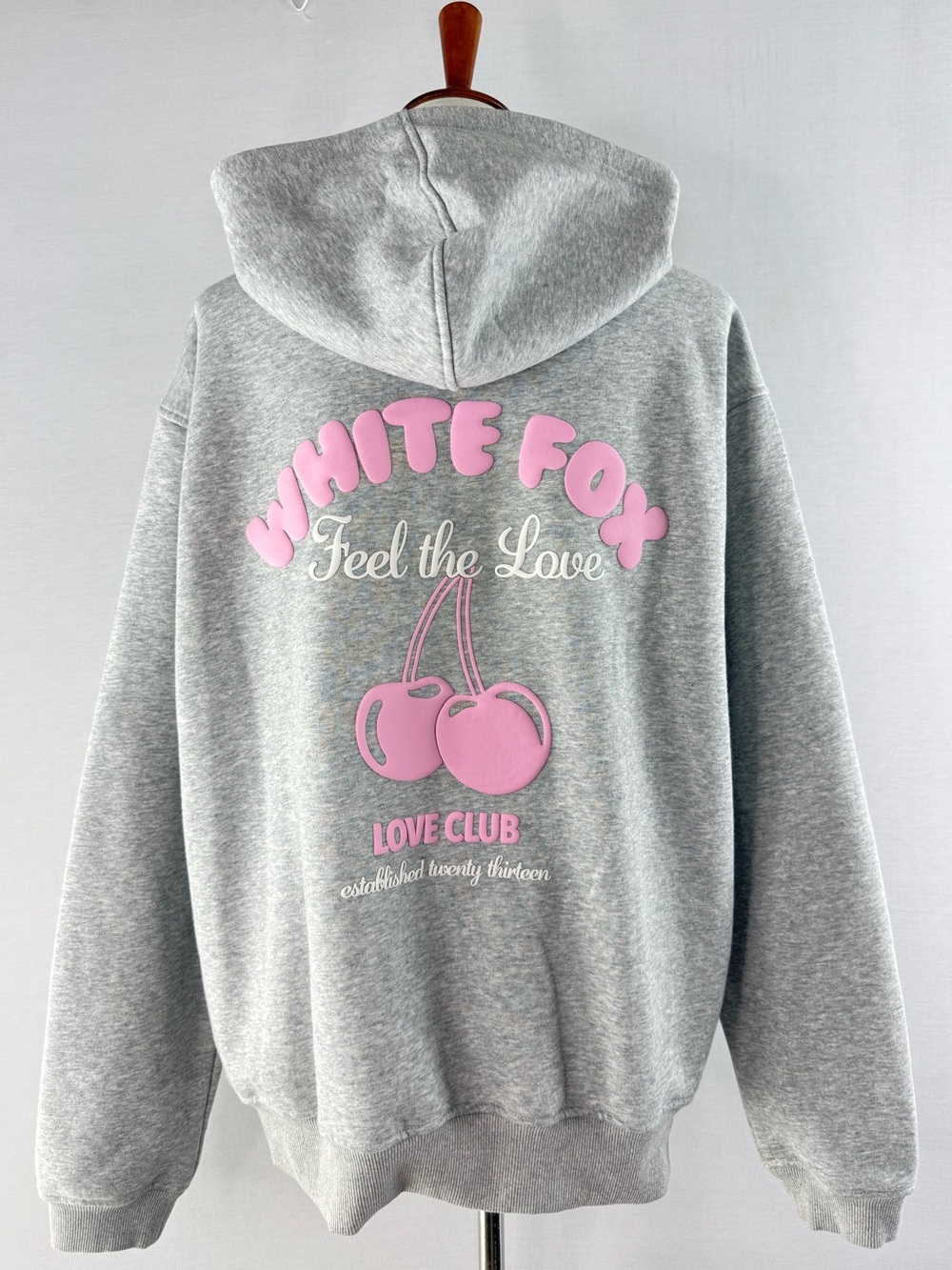 White Fox “Love Me Tender” Gray Oversized Hoodie with Pink Puff Cherry Graphic